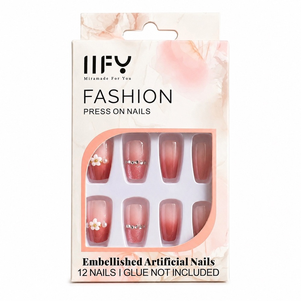 IFO Fashion Press-On Nails Pink Ombre Rhinestone Floral Design Set (12 Nails)